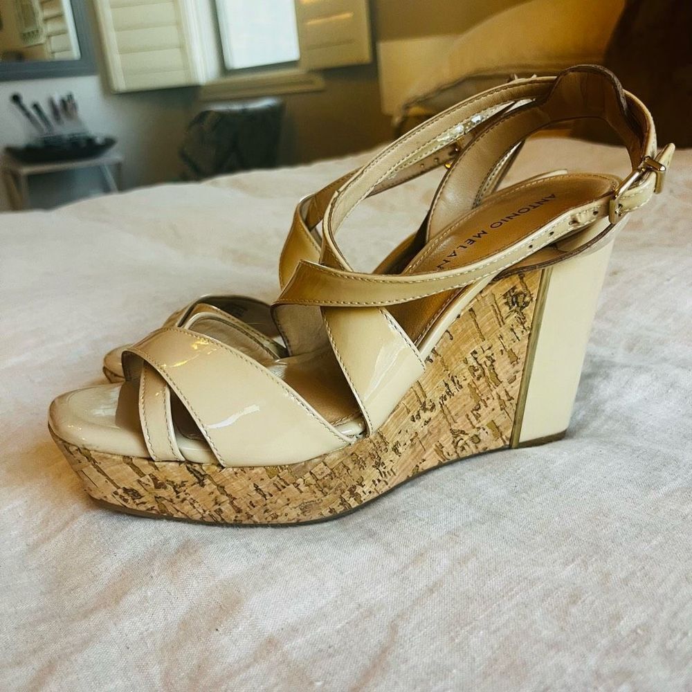 ANTONIO MELANI Patent Leather Cork Wedge Sandals in Beige. So sexy! - Picture 5 of 7